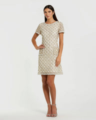 Ivory Pearl Embellished Short Sleeve Mini Dress