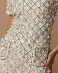 Ivory Pearl Embellished Short Sleeve Mini Dress