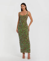 Green Sleeveless Hand Embellished Floral Maxi Dress