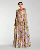 Multicolor Floral Gown With Beaded Cape Sleeves