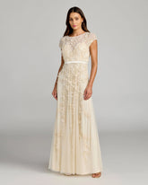 Yellow Floral Embellished Cap Sleeve Gown