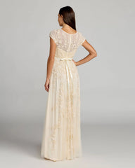 Yellow Floral Embellished Cap Sleeve Gown