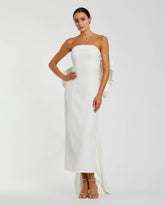White Strapless Crepe Sheath Dress with Bow