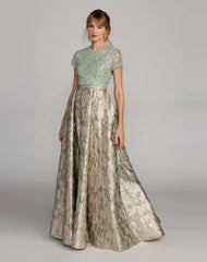 Green Sequin Embellished Floral Jacquard Ball Gown