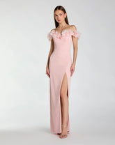 Pink Off The Shoulder Column Gown With 3D Flowers