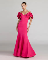 Pink Off The Shoulder Gown With 3D Floral Sleeves