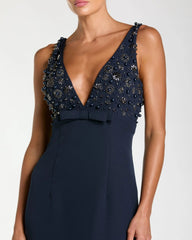 Navy Sleeveless Embellished Crepe Gown With Bow