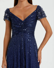 Navy Sequined Evening Gown With Embellished Shoulders