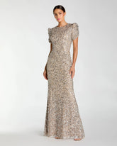 Beige Sequin Trumpet Gown with Puff Sleeves