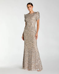 Beige Sequin Trumpet Gown with Puff Sleeves