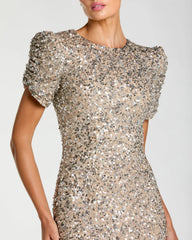 Beige Sequin Trumpet Gown with Puff Sleeves
