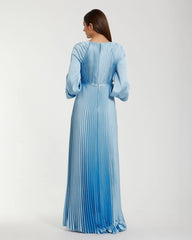 Blue Pleated High Neck Raglan Long Sleeve Side Slit Gown