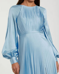 Blue Pleated High Neck Raglan Long Sleeve Side Slit Gown