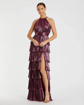 Purple Metallic Halter Neck Tiered Ruffle Gown - FINAL SALE