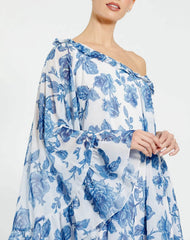 White and Blue Floral Print One Shoulder Cape Dress