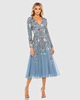 Blue Hand Embellished Floral V-Neck Long Sleeve Dress