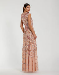 Orange Sequin High Neck Cap Sleeve A Line Gown