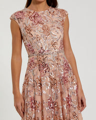 Orange Sequin High Neck Cap Sleeve A Line Gown