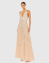 Pink Floral Embellished Halter Strap A Line Gown