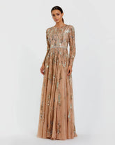Beige Long Sleeve Sequin Embellished Gown