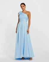 Blue One Shoulder Pleated Evening Gown with Bow