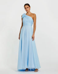 Blue One Shoulder Pleated Evening Gown with Bow