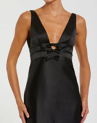 Black Sleeveless V Neck Satin Gown With Bow Details