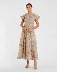 Beige Flutter Sleeve Butterfly Embroidered Maxi Dress