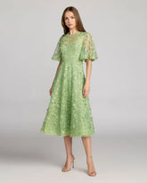 Green Flutter Sleeve Embroidered Midi Dress