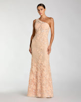 Orange One Shoulder Floral Appliqué Sequin Gown