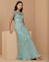 Blue Rhinestone Embellished Illusion Neck Feather Gown