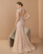 Pink Embroidered Lace Mermaid Gown With Cap Sleeves