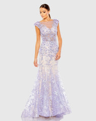 Purple Embellished Cap Sleeve Illusion Neck Trumpet Gown - FINAL SALE