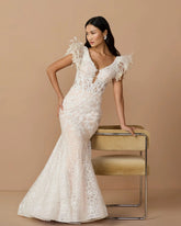 Ivory Embroidered Lace Mermaid Gown With Feather Sleeves