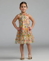 Girls Yellow Floral Printed Ruffle Mini Dress