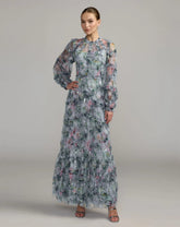 Blue Floral Long Sleeve High Neck Ruffle Maxi Dress