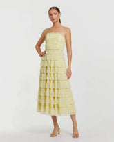 Yellow Micro Ruffle Strapless Midi Dress
