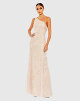 Pink Open Back One Shoulder Embellished Trumpet Gown