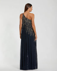 Navy One Shoulder Embellished Trapeze Gown