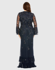 Navy V-neck Embellished Long Sleeve Gown - FINAL SALE