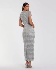 Blue Cap Sleeve Embellished Fringe Maxi Dress