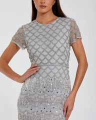 Blue Cap Sleeve Embellished Fringe Maxi Dress