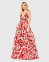 Red Pleated Chiffon Cut Out Ball Gown