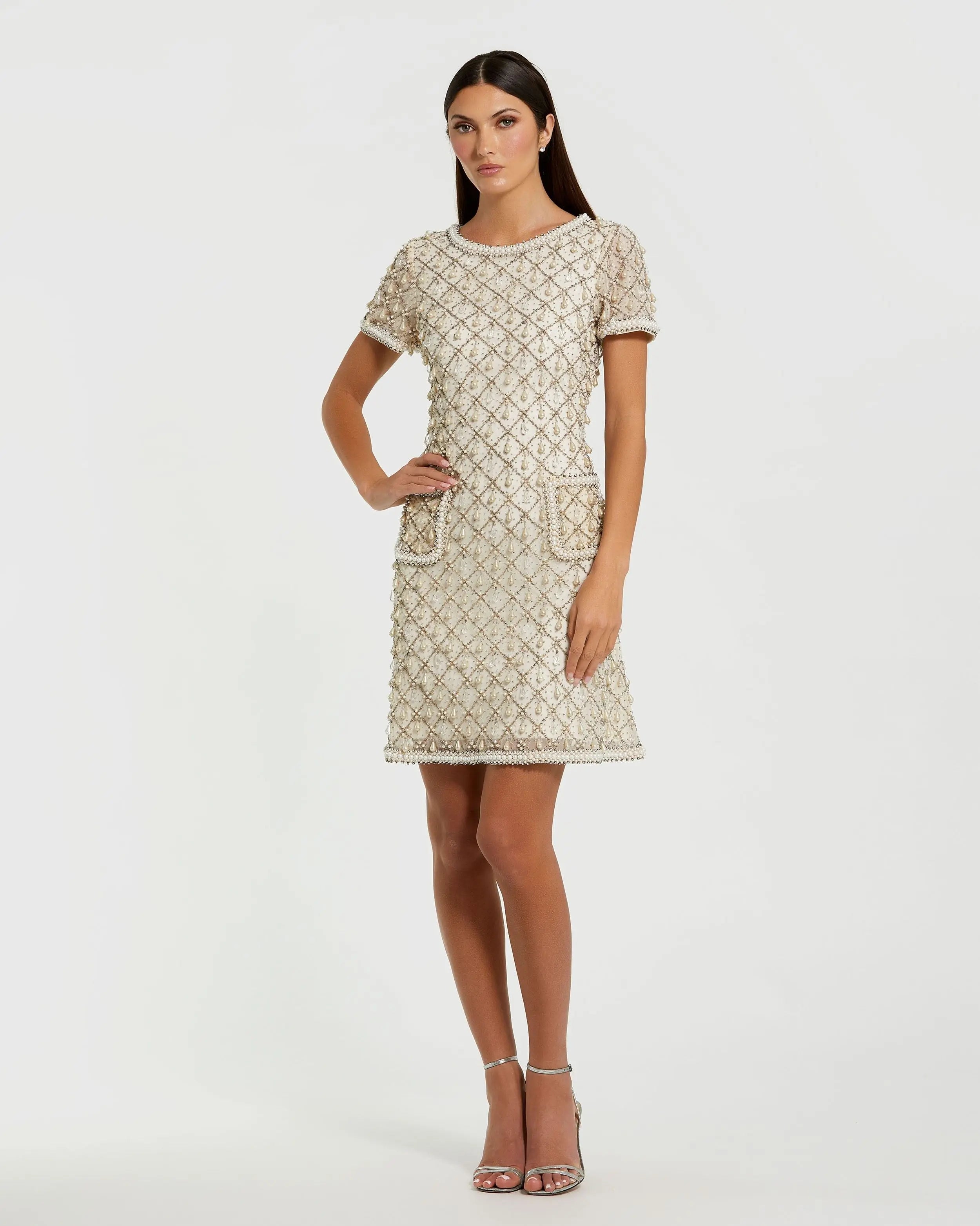 Ivory Pearl Embellished Short Sleeve Mini Dress