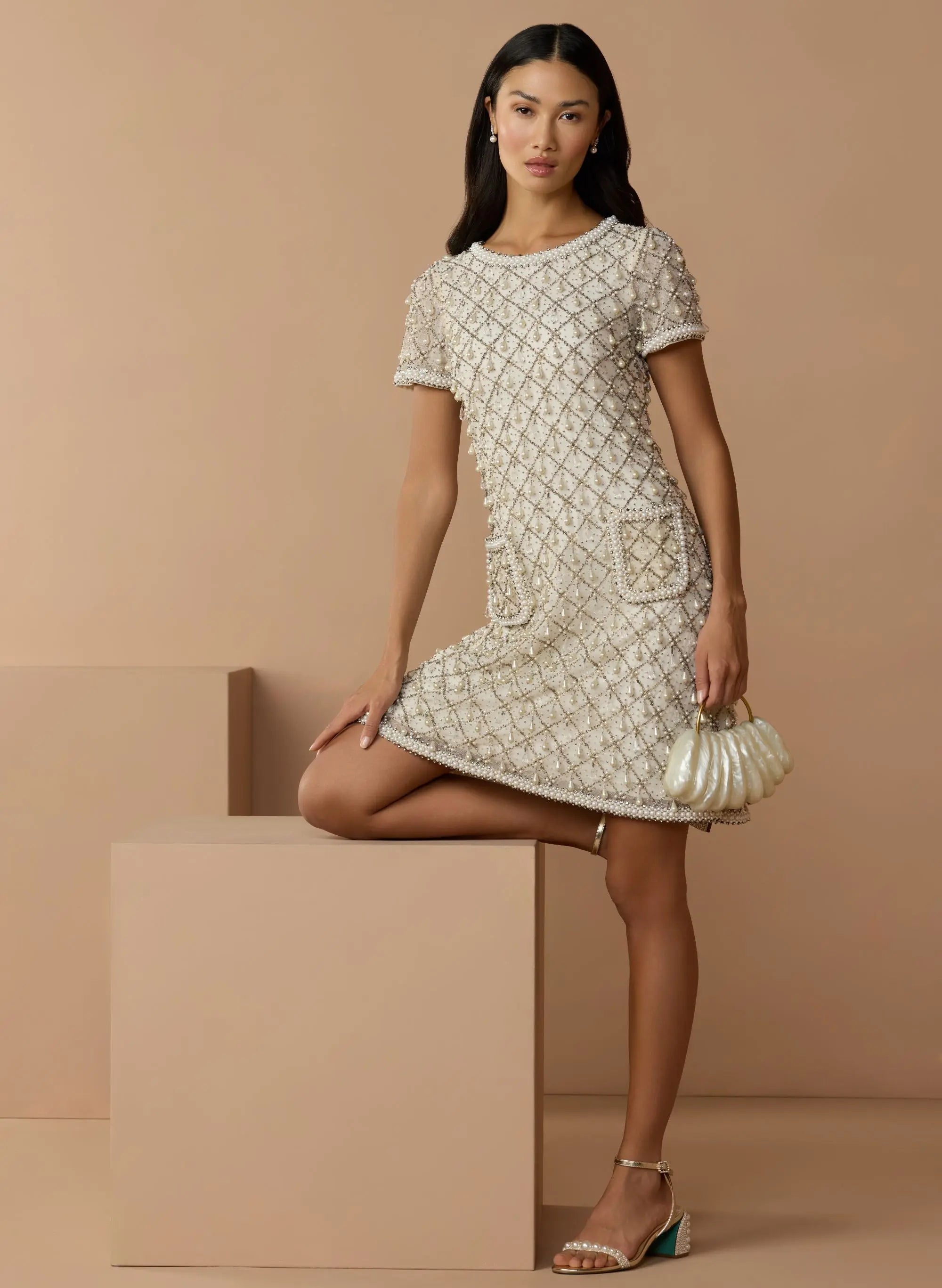Ivory Pearl Embellished Short Sleeve Mini Dress