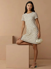 Ivory Pearl Embellished Short Sleeve Mini Dress