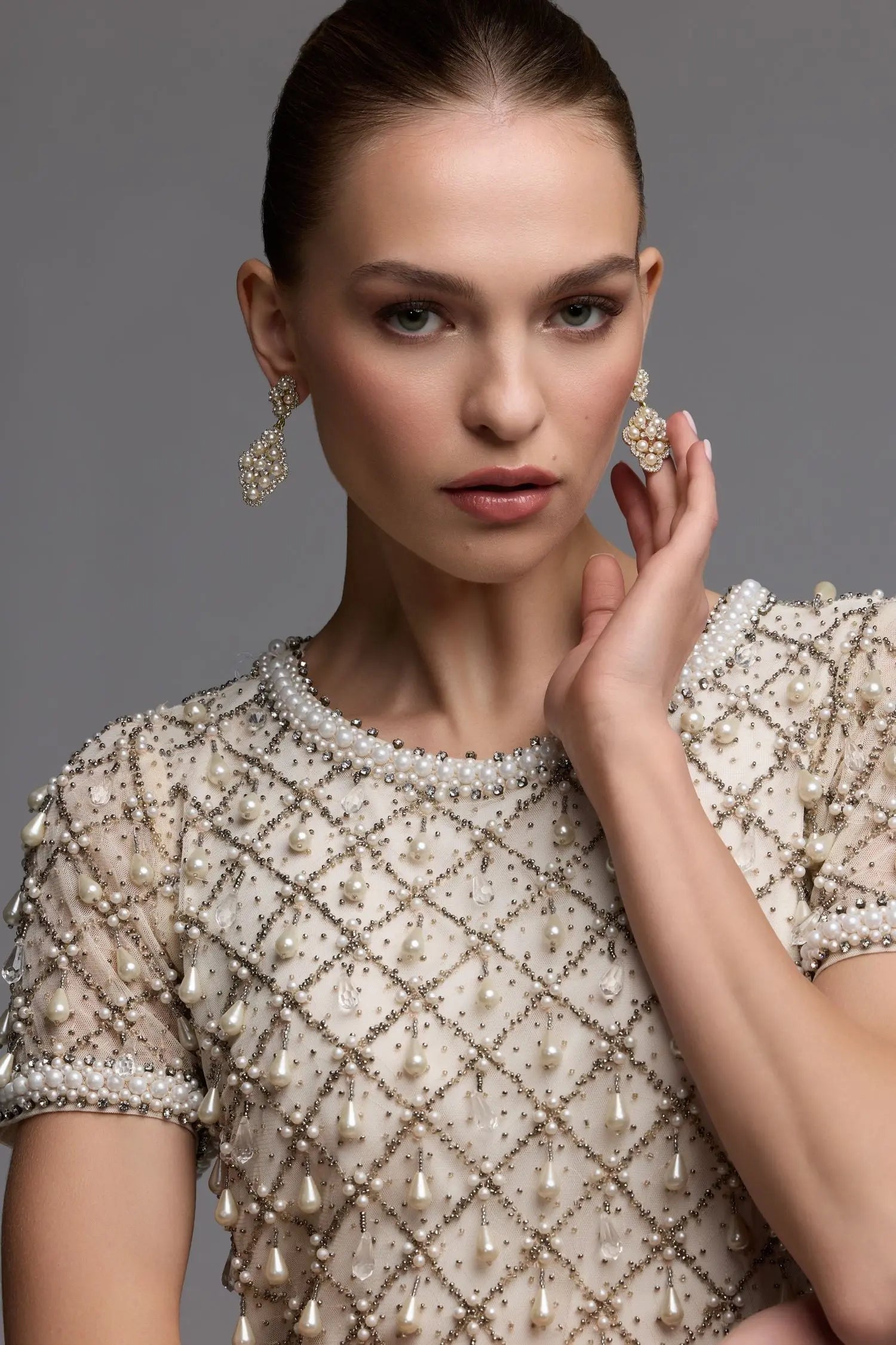 Ivory Pearl Embellished Short Sleeve Mini Dress