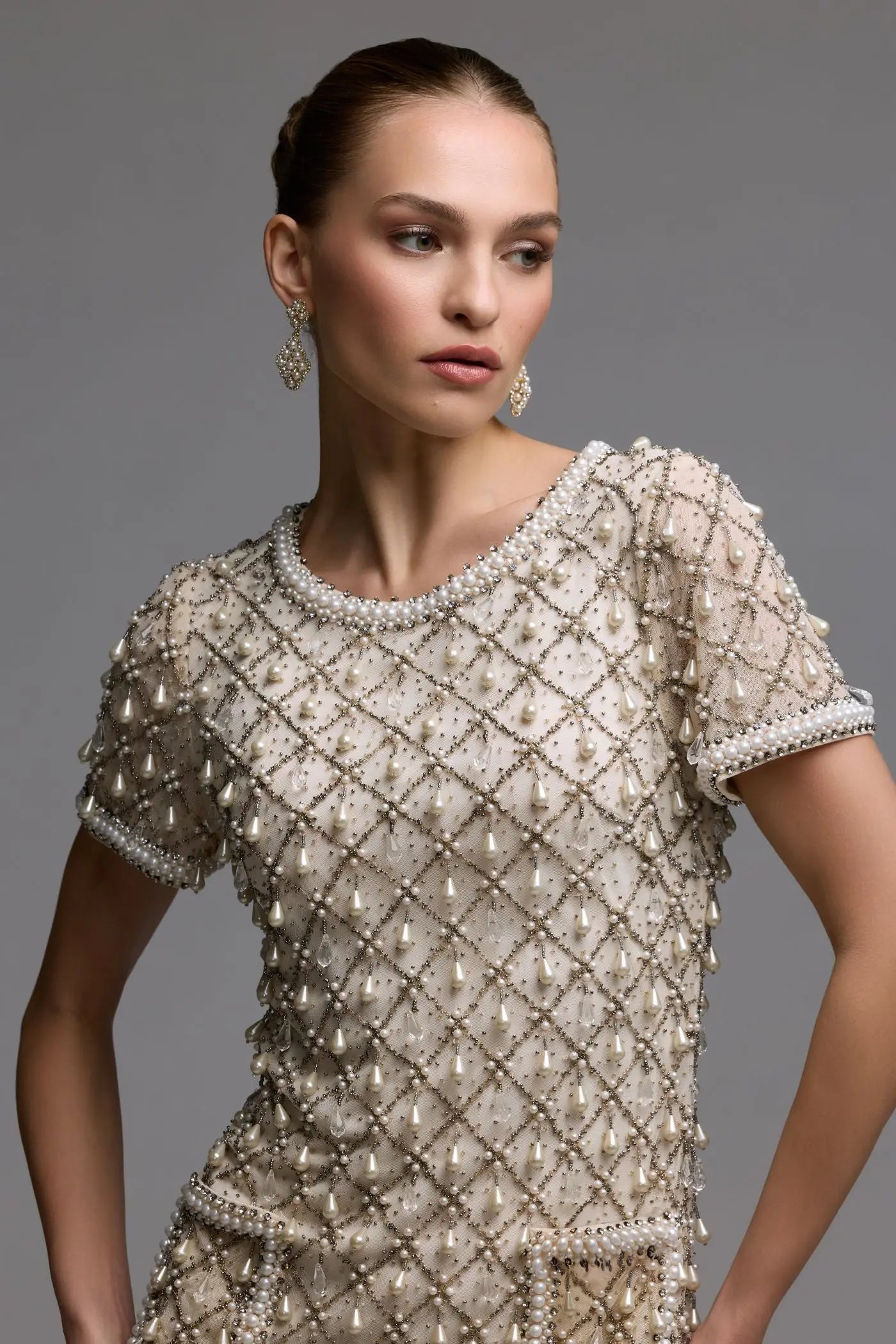 Ivory Pearl Embellished Short Sleeve Mini Dress