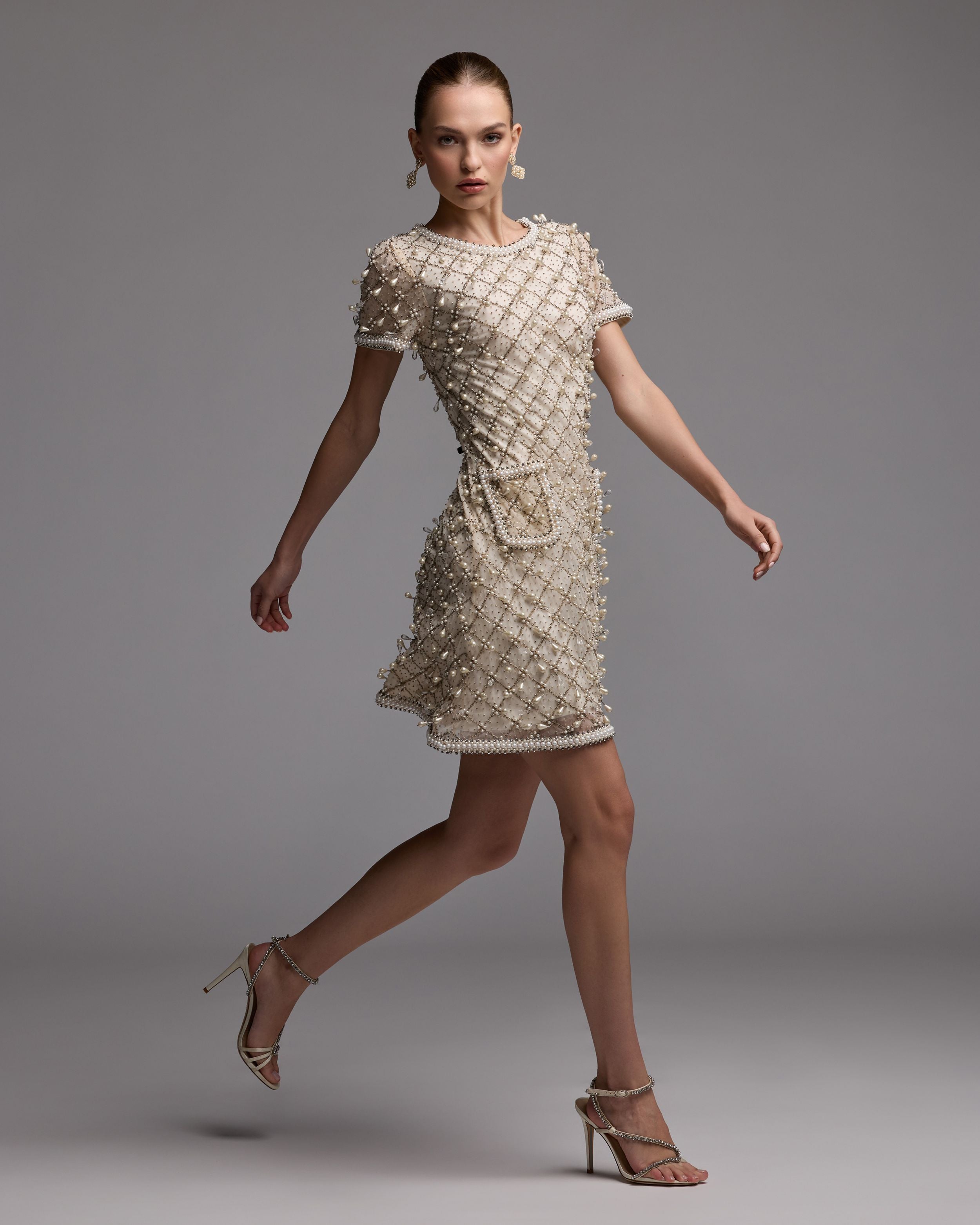 Ivory Pearl Embellished Short Sleeve Mini Dress