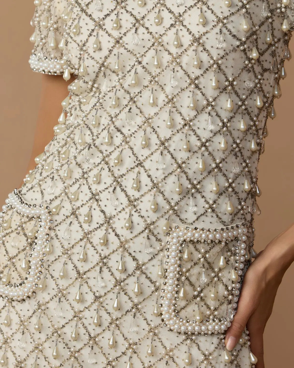 Ivory Pearl Embellished Short Sleeve Mini Dress